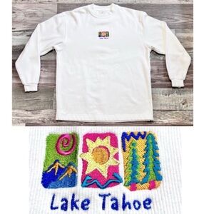 Vtg Lake Tahoe Micro Ribbed Crew Neck Sweatshirt XL Fleece White Embroidered